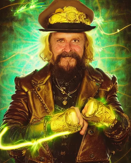Prompt: an intimate portrait of a gnarly human 1 7 th century captain, old skin, faded fedora, charming, strong leader, metal eye piece, a look of cunning, big smile, detailed matte fantasy painting, golden cityscape, lasers, sparks, green, teal, velvet, fluorescent