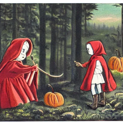 Image similar to little red riding hood smiling as she stands over a dead wolf with a bloody knife, vintage Halloween postcard