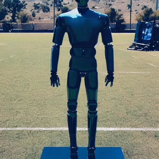 Image similar to “ a realistic detailed photo of a guy who is an attractive humanoid who is half robot and half humanoid, who is a male android, football player christian mccaffrey, shiny skin, posing like a statue, blank stare, on the field, on display ”