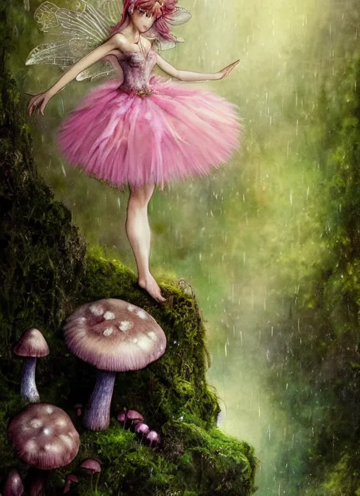 Image similar to A wingless fairy princess with a tattered pink tutu, mushroom umbrella, moss, dewdrops, watercolor, dramatic lighting, cinematic, establishing shot, extremely high detail, foto realistic, cinematic lighting, pen and ink, intricate line drawings, by Yoshitaka Amano, Ruan Jia, Kentaro Miura, Artgerm, post processed, concept art, artstation, matte painting, style by eddie mendoza, raphael lacoste, alex ross,