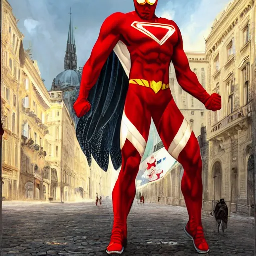 Image similar to highly realistic digital painting of a superhero, red and white costume colors, with an eagle emblem, eagle logo, vienna city, european buildings, austrian architecture, highly detailed, digital painting, artstation, concept art, smooth, sharp focus, illustration, unreal engine 5, 8 k, art by artgerm and greg rutkowski and edgar maxence