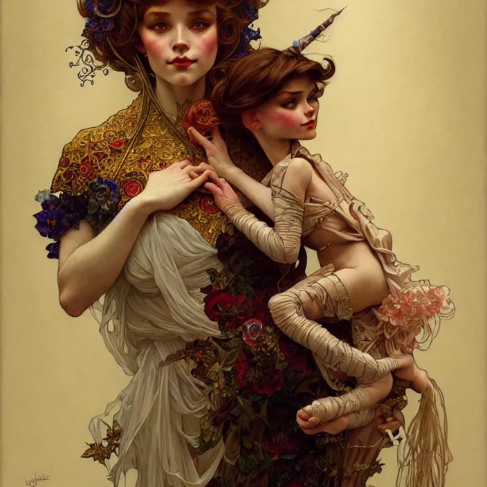 Image similar to ventriloquist, fantasy, intricate, elegant, highly detailed, lifelike, photorealistic, digital painting, artstation, illustration, concept art, smooth, sharp focus, art by John Collier and Albert Aublet and Krenz Cushart and Artem Demura and Alphonse Mucha