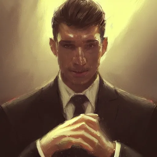 Prompt: Portrait of a man by Greg Rutkowski, he is about 30 years old, mixture between russian and German, coiffed brown hair, attractive, smart looking, he is wearing a black futuristic lawyer outfit, highly detailed portrait, scifi, digital painting, artstation, concept art, smooth, sharp foccus ilustration, Artstation HQ