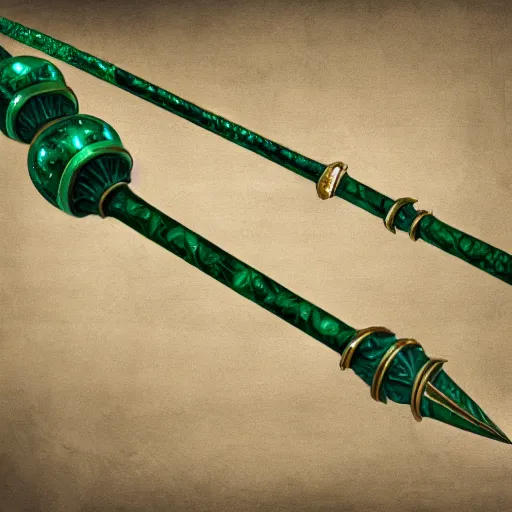 Image similar to full view of fantasy magical staff with emerald in the middle, high detail, fantasy art, concept art, 4 k, ultra detail, computer art