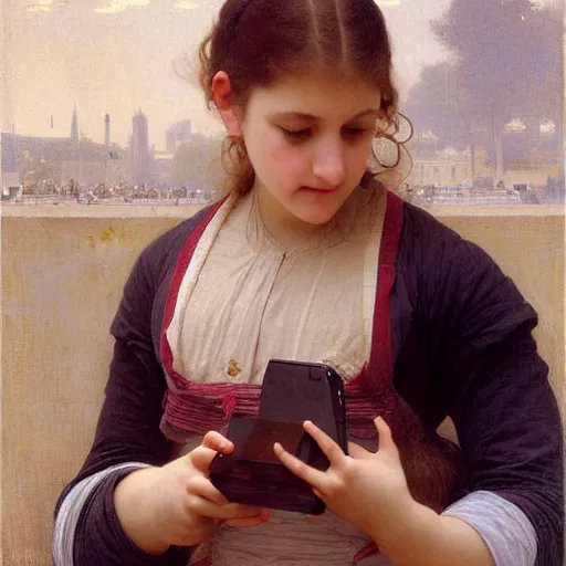 Image similar to teenage girl playing on her nintendo switch, painting by adolphe bouguereau, hyper detailed,