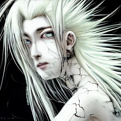 Image similar to Yoshitaka Amano realistic illustration of an anime girl with white hair and cracks on her face wearing dress suit with tie fluttering in the wind, abstract black and white patterns on the background, noisy film grain effect, highly detailed, Renaissance oil painting, weird portrait angle