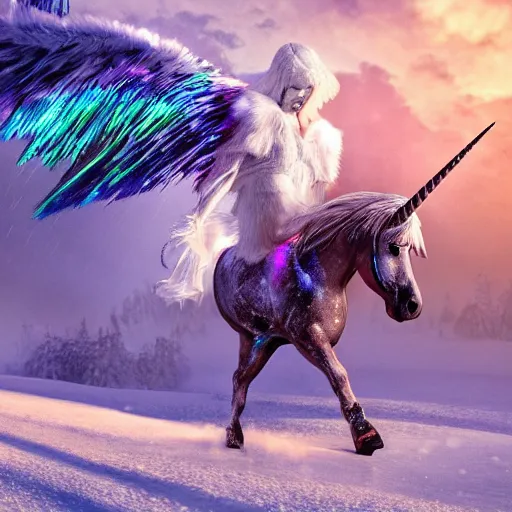 Image similar to a iridescent unicorn with wings is wounded in the snow, trail of blood follows behind it, nuclear winter, toxic smog in the sky, ultra realistic, concept art, intricate details, highly detailed, photorealistic, octane render, 8 k, style of mary jackson