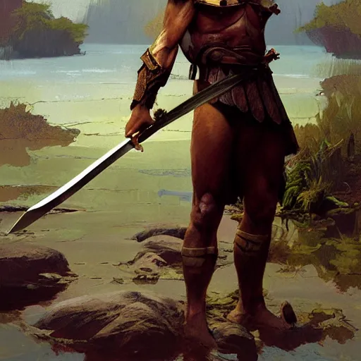 Image similar to a digital painting of a hand holding a sword emerging from a lake by james gurney, craig mullins and frank frazetta