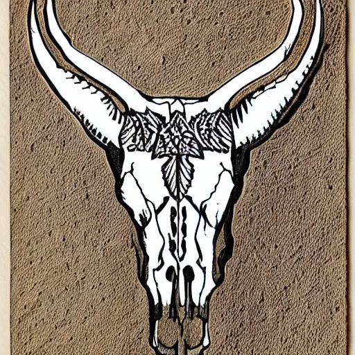 Prompt: Texas Longhorn Skull, skull bone ornately carved with delicate patterns, tritone, mixed media, fine linework, pen and ink, symmetry