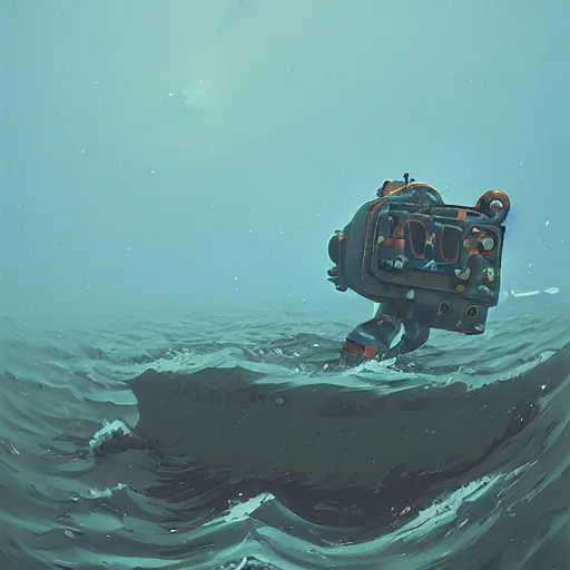 Image similar to Armored diving suit in the deep sea, by Simon Stalenhag