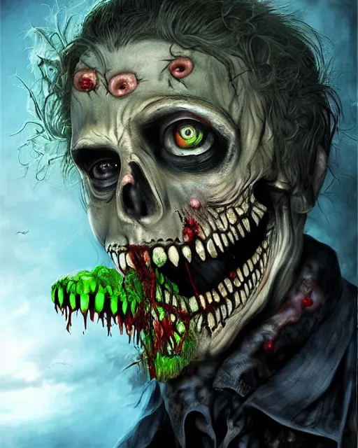 Prompt: halloween zombie pirate theme surrealist art in the styles of igor morski, jim warren, and a tim burton film, intricate, hyperrealistic, accurate facial details, profile picture with chromakey!!!!! background, volumetric lighting