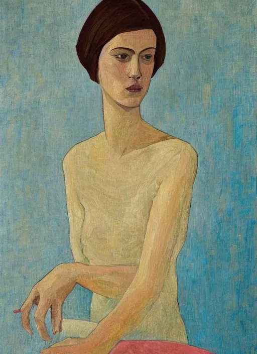 Image similar to a painted portrait of a confident women, art by felice casorati, aesthetically pleasing and harmonious natural colors, expressionism, natural light, fine day, portrait