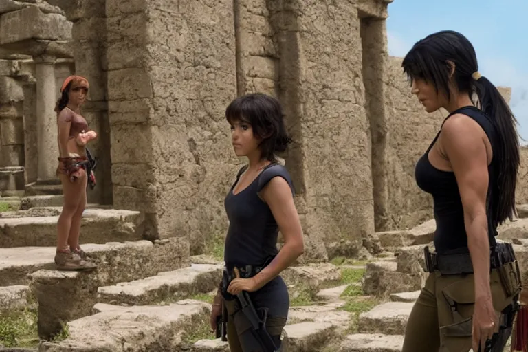 Image similar to Isabela Merced as Dora the Explorer wearing and Angelina Jolie as Lara Croft standing in an ancient temple, high resolution film still, movie by Simon West