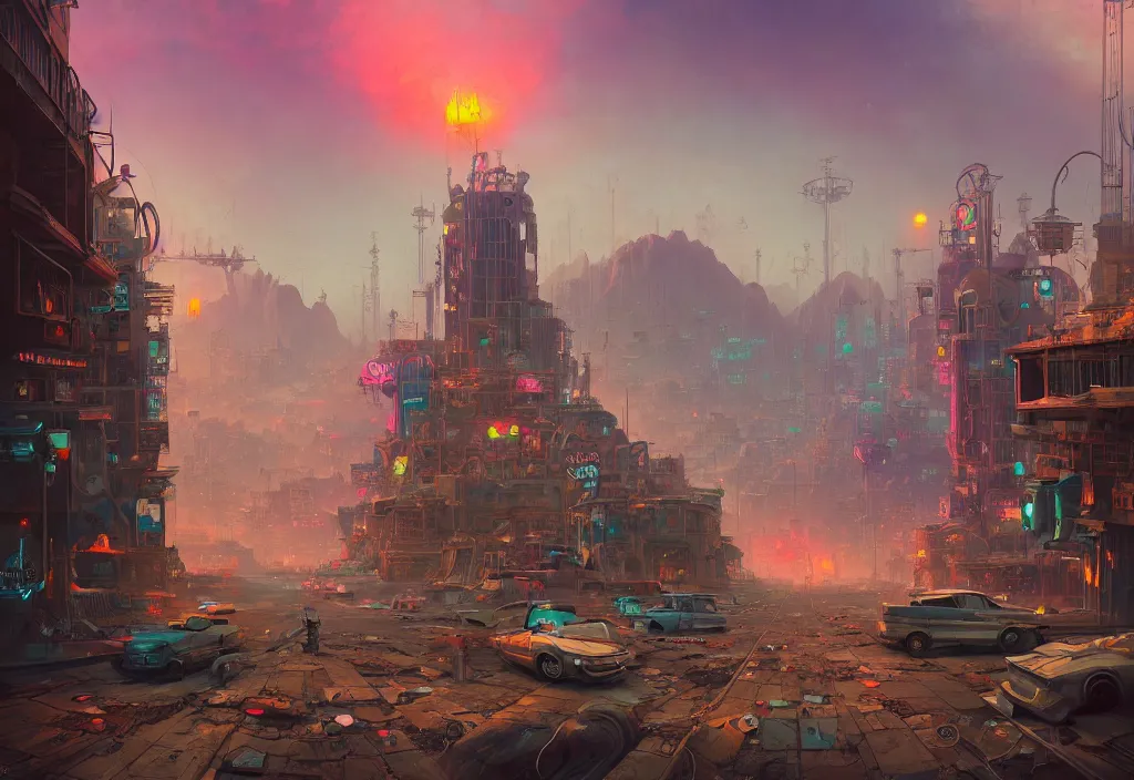 Image similar to A beautiful illustration of dystopian post-apocalyptic Las Vegas, trending on artstation, WLOP, cgsociety by Gediminas Pranckevicius, trending on cgsociety, Michaelangelo, bokeh, fractal Thunder glow by dan mumford