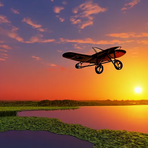 Prompt: a small engine biplane taking off over a lagoon in Thailand, sunset, synthwave, highly detailed, Ultra HD, unreal engine,