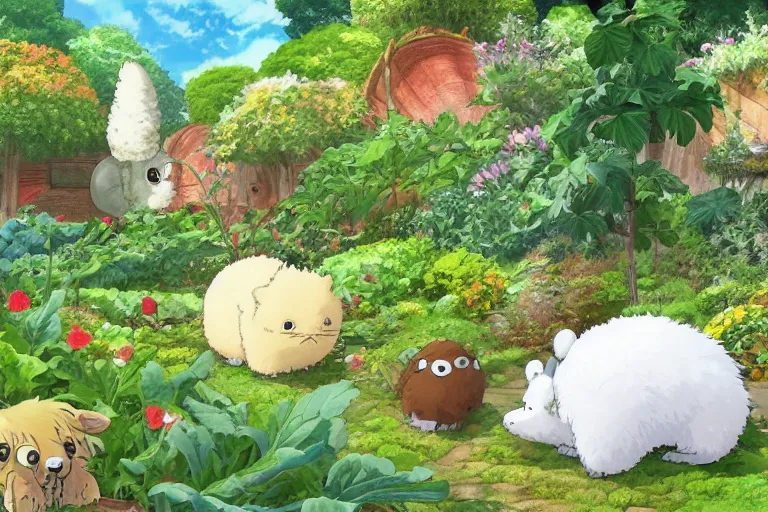 Image similar to cute fluffy creatures in the cabbage garden by studio ghibli, very high detail, 4k