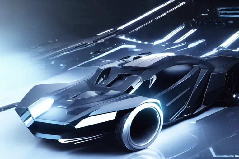 Image similar to cyberpunk batmobile concept inspired sports car, futuristic look, highly detailed body, very expensive, photorealistic camera shot, bright studio setting, studio lighting, crisp quality and light reflections, unreal engine 5 quality render