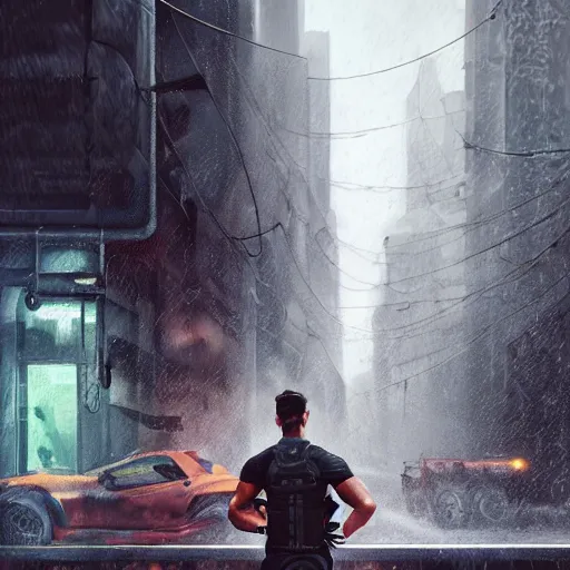 Image similar to A broad shouldered, muscular man wearing Reindeelusion Steven Cargo pants and Nike Tech fleece Shirt and Nike Acronym presto sneakers, rooftop, sniper rifle stationed in background, Police sirens shining in far background, high quality, digital art, dirty cyberpunk city, rain, greg rutkowski