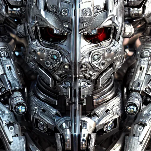 Prompt: Ultra-detailed cinematic render of a macro mecha cyborg face, cyborg eyes, metalic reflection, intricate details, full body, torso, wires, unreal engine, dragon armor, intricate, octane render, high quality, ornate gems, 8k, by takeshi yoshida, volumetric lighting, person centered composition, trending on art station