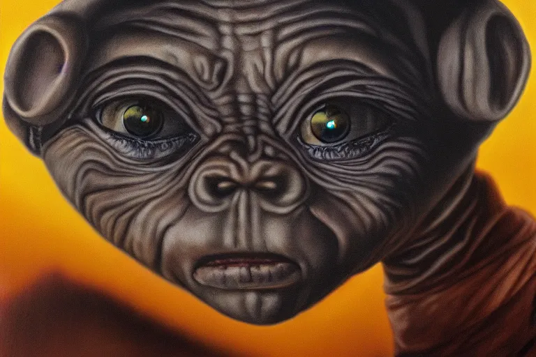 Prompt: e. t. the extra - terrestrial portrait in oil on black velvet, in frame, 4 k, hyper - realistic