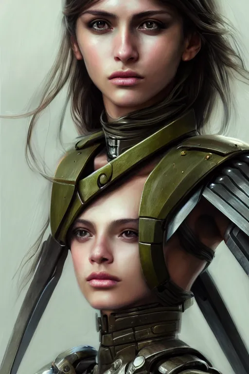 Image similar to a photorealistic painted portrait of an attractive young girl, partially clothed in dull metal-plated battle armor, olive skin, long dark hair, beautiful bone structure, symmetric facial features, perfect eyes, natural physique, intricate, elegant, digital painting, concept art, finely detailed, beautifully illustrated, sharp focus, minimal artifacts, photographic appearance, from Metal Gear, by Ruan Jia and Mandy Jurgens and Artgerm and William-Adolphe Bouguerea, in the style of Greg Rutkowski, trending on Artstation, award winning