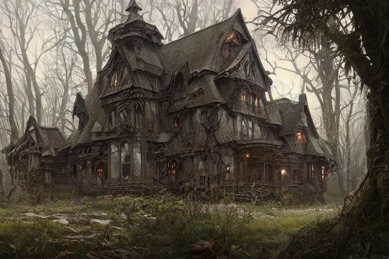 Image similar to painting of an evil witch house in the grim, forest, concept art, intricate details, eerie, highly detailed, photorealistic, octane render, 8 k, unreal engine. art by artgerm and greg rutkowski and alphonse mucha