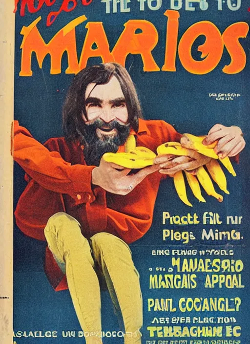 Image similar to vintage model train magazine advertisement depicting charles manson slipping on a banana peel