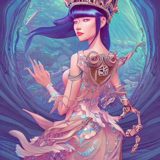 Prompt: ethereal cybernetic princess in the mountains, extremely detailed, sharp focus, wide view, full body shot, smooth, digital illustration, by james jean, by rossdraws, frank franzzeta, sakimichan