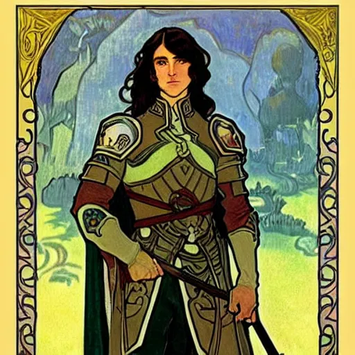 Image similar to painting of young handsome beautiful paladin elf!! man with long! dark hair, elf paladin fighting goblins with his sword, armor, modest, art by alphonse mucha, vincent van gogh, egon schiele,