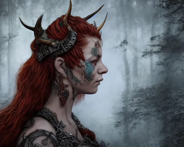 Image similar to 5 5 mm portrait photo of an armored gorgeous anesthetic redhead woman warrior with a face tattoo and horns growing from her head, and small dragon sitting on her shoulder in a magical forest in the style of stefan kostic, art by luis royo. highly detailed 8 k. intricate. lifelike. soft light. nikon d 8 5 0. cinematic post - processing