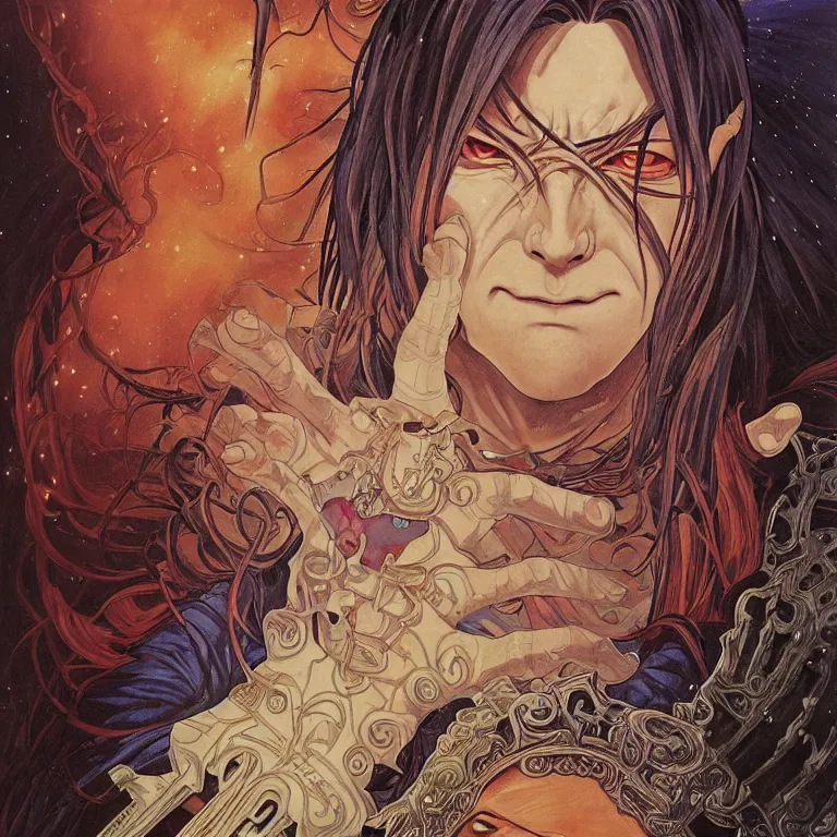 Image similar to portrait of Madara Uchiha by Jeff Easley and Peter Elson + beautiful eyes, beautiful face + symmetry face + border and embellishments inspiried by alphonse mucha, fractals in the background, galaxy + baroque, gothic, surreal + highly detailed, intricate complexity, epic composition, magical atmosphere + masterpiece, award winning + trending on artstation