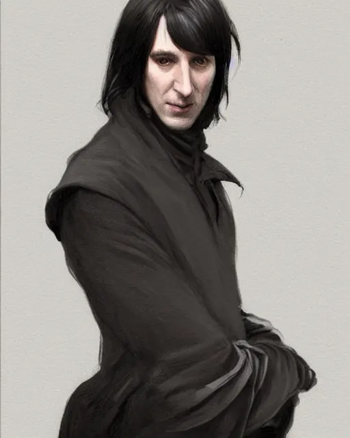 Image similar to portrait of a 3 2 - year - old man wearing black clothes, snape severus, with black, greasy, mid - length hair, hooked nose, dark brown eyes, yellow uneven teeth, highly detailed, digital painting, artstation, concept art, smooth, sharp focus, illustration, art by artgerm and greg rutkowski and alphonse mucha