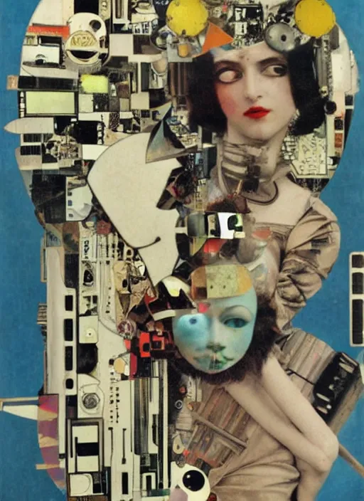 Prompt: cute punk goth fashion fractal mecha blonde girl wearing a television tube helmet and kimono made of circuits and leds, surreal Dada collage by Mimmo Rotella Man Ray Kurt Schwitters Hannah Höch Alphonse Mucha Beeple