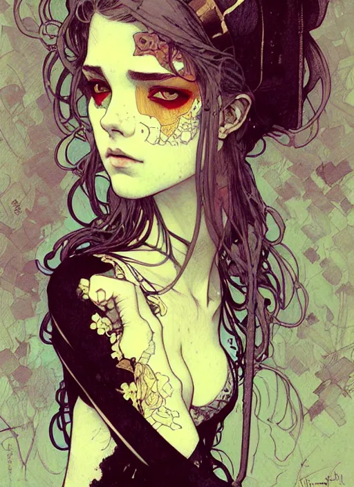 Prompt: highly detailed portrait of a moody sewerpunk young adult lady by krenz cushart, by artem demura, by alphonse mucha, by kaethe butcher, gradient yellow, black, brown and cyan color scheme, grunge aesthetic!!! ( ( graffiti tag city background ) )