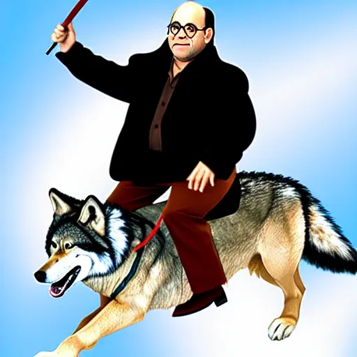 Image similar to George Costanza (from Seinfeld) riding a wolf