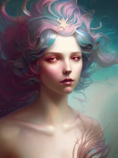 Image similar to mermaid by james jean, charlie bowater, tom bagshaw, nikolay makovsky, melanie delon : : enchanting, ethereal, magical, glowing, sparkle, prismatic, portrait, character design, illustration, hyperrealism, photorealism, digital art, concept art, dark fantasy, whimsy, weta, wlop, artstation