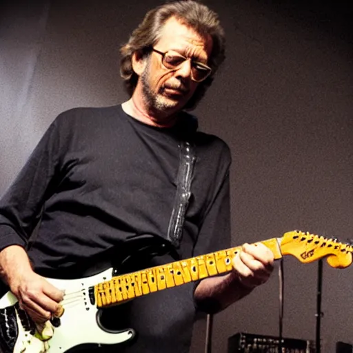 Prompt: eric clapton playing black fender stratocaster, white pickguard, guitar on stage in chicago, playing on stage with bob stroger playing bass, tab benoit playing rhythm guitar, photorealistic, intricate details naturalism, color reversal film, greg rutkowski,