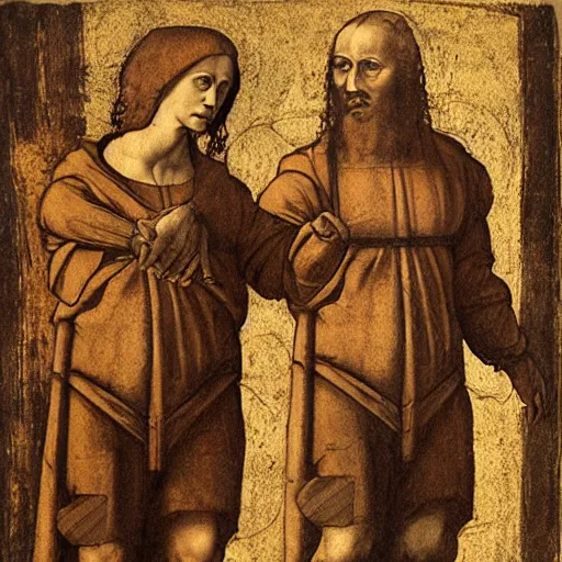 Image similar to realistic academic sketch of two renaissance men holding hands in the style of Leonardo Da Vinci