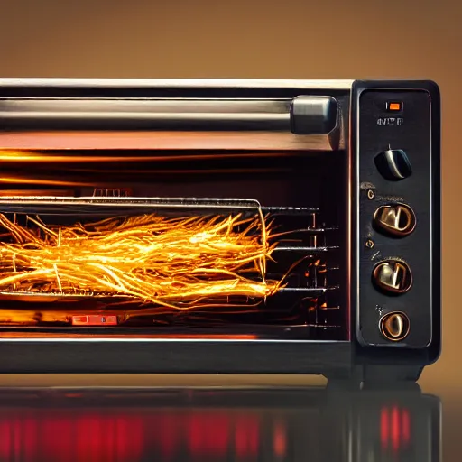 Image similar to toaster oven suspended by lots of metallic cables, symmetry, dark messy smoke - filled cluttered workshop, dark, dramatic lighting, orange tint, sparks, cinematic, highly detailed, sci - fi, futuristic, movie still