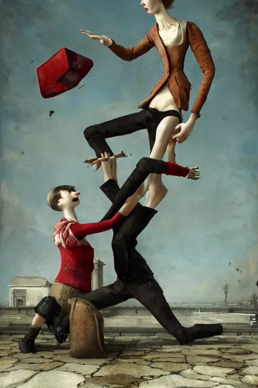 Image similar to man breaking into pieces while a woman tries to hold the fallen parts, surreal, ray caesar and john constable