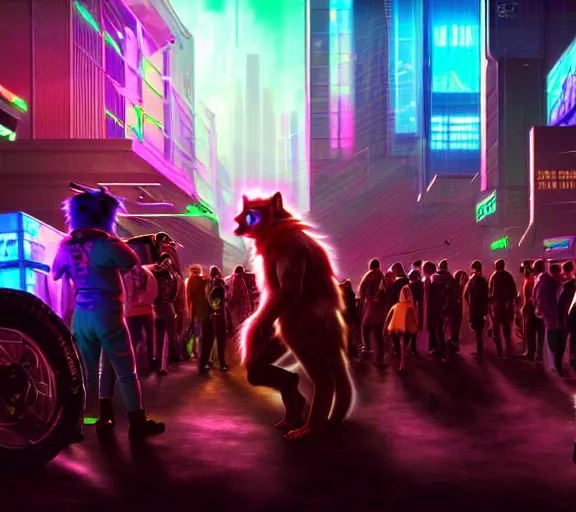 Image similar to high - resolution photograph from a cyberpunk era furry fandom convention ( midwest furfest 2 0 4 7 ), taking place after the genetic revolution and quantum singularity. photorealistic.