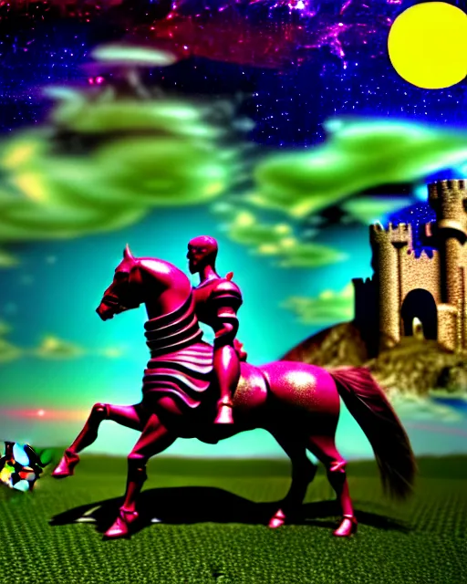 Prompt: 3 d render of cyborg knight riding a horse standing in cybernetic mountain landscape with castle ruins against a psychedelic surreal background with 3 d butterflies and 3 d flowers n the style of 1 9 9 0's cg graphics against the cloudy night sky, lsd dream emulator psx, 3 d rendered y 2 k aesthetic by ichiro tanida, 3 do magazine, wide shot