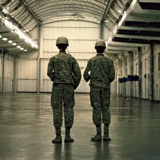 Prompt: soldiers searching through a hangar, 1 9 8 7, dim lighting, color, movie still