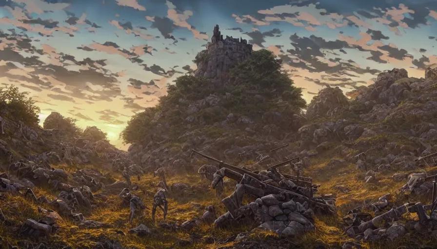 Prompt: the beautiful, chilling, panoramic view of dead calvary soldiers on a field and rocks at dusk with a giant wall in the background. hyperrealistic anime background illustration by kim jung ki, colorful, extremely detailed intricate linework, smooth, super sharp focus, bright colors, high contrast, matte, octopath traveler, unreal engine 5 highly rendered, global illumination, radiant light