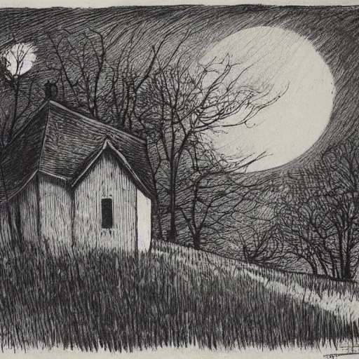 Image similar to house in a giant apple in the style of Théophile Steinlen (1859–1923), Swiss/French painter and print-maker