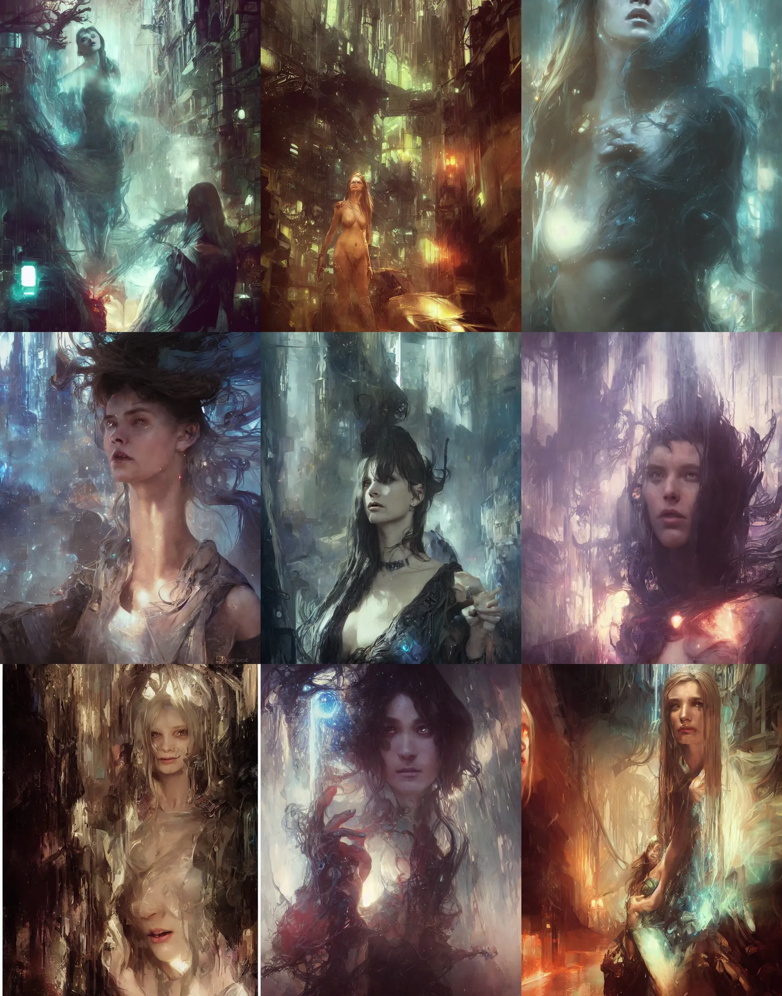 Prompt: sorceress magic, concept art, hyper realistic portrait, bladerunner street, art of elysium by jeremy mann and alphonse mucha, greg rutkowski, kieran yanner and jason manley, fantasy art, photo realistic, dynamic lighting, artstation, poster, volumetric lighting, very detailed face, 4 k, award winning