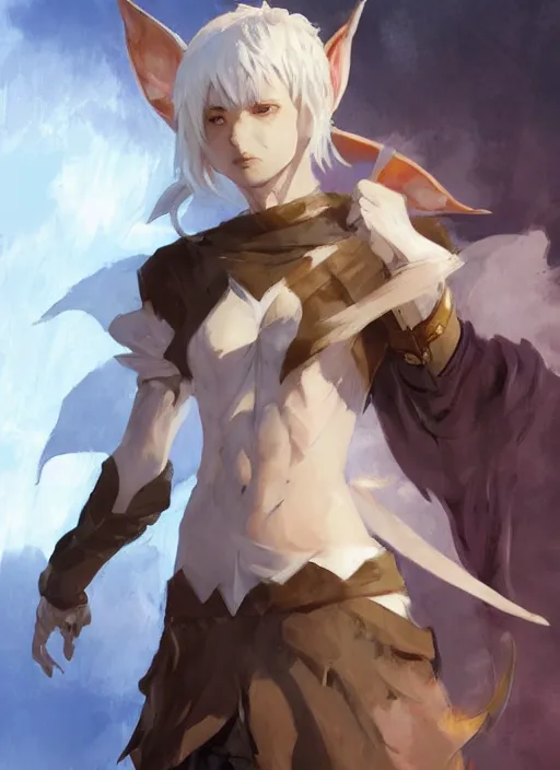 Image similar to concept art painting of a woman with brown skin and short white hair, demon horns, elf ears, full clothing, blue clothes, robes, detailed, cel shaded, in the style of ruan jia and artgerm and makoto shinkai and james gurney