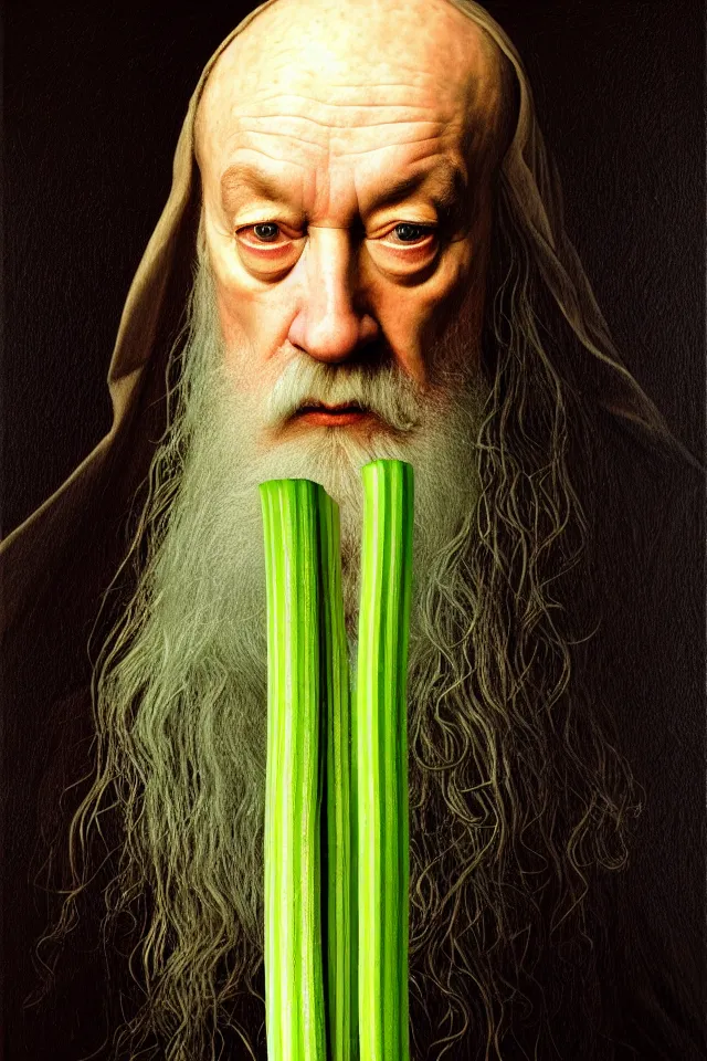 Image similar to bizarre renaissance portrait of dumbledore as a highly detailed celery stick, dramatic cinematic lighting, 8 k, beautiful intricate painting by dan mumford