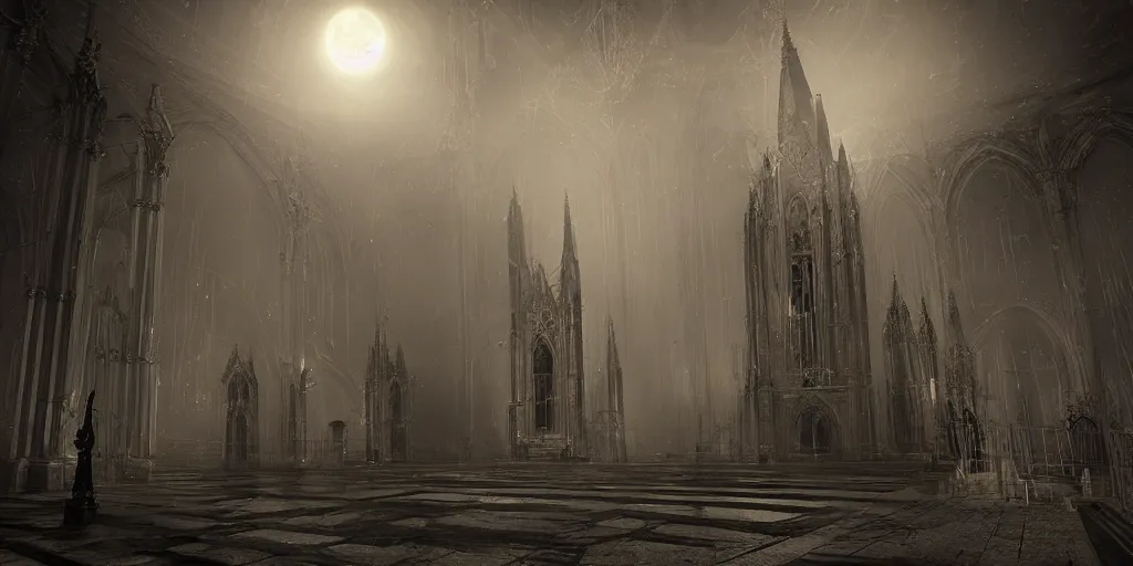 Prompt: Behind the tall and delicate gothic church at night, there is a huge delicate metal astrolabe in the moonlight, with ghosts floating in the foreground, scifi, interior, concept art, sharp focus, cinematic shot, crepuscular ray, digital art, steve argyle, light through the mist, dramatic lighting, photorealistic, cinematic lighting, high detail, cinematic feel, high octane, 4K, Unreal Engine, digital render, intricate, ultra realistic, by Dali, peter Mohrbacher, Davi Blight, Zdzislaw Beksinski