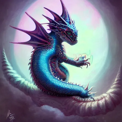 Image similar to a hyperrealistic illustration of a cute and tiny dragon that glows in the dark, dragon baby, glow in the dark, fractal moonlight, little dragon with glowing scales, award - winning, masterpiece, in the style of tom bagshaw, cedric peyravernay, peter mohrbacher